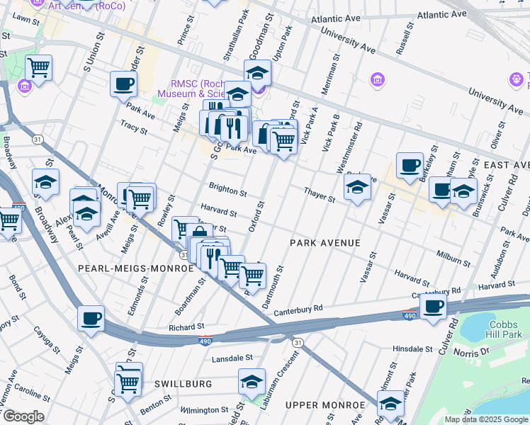 map of restaurants, bars, coffee shops, grocery stores, and more near 400 Oxford Street in Rochester