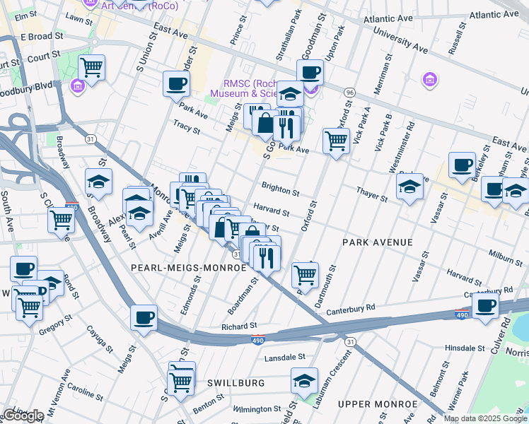 map of restaurants, bars, coffee shops, grocery stores, and more near in Rochester
