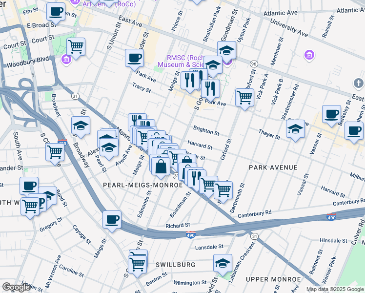 map of restaurants, bars, coffee shops, grocery stores, and more near 315 South Goodman Street in Rochester