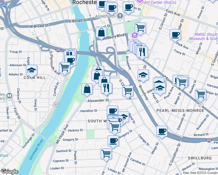 map of restaurants, bars, coffee shops, grocery stores, and more near 436 South Avenue in Rochester