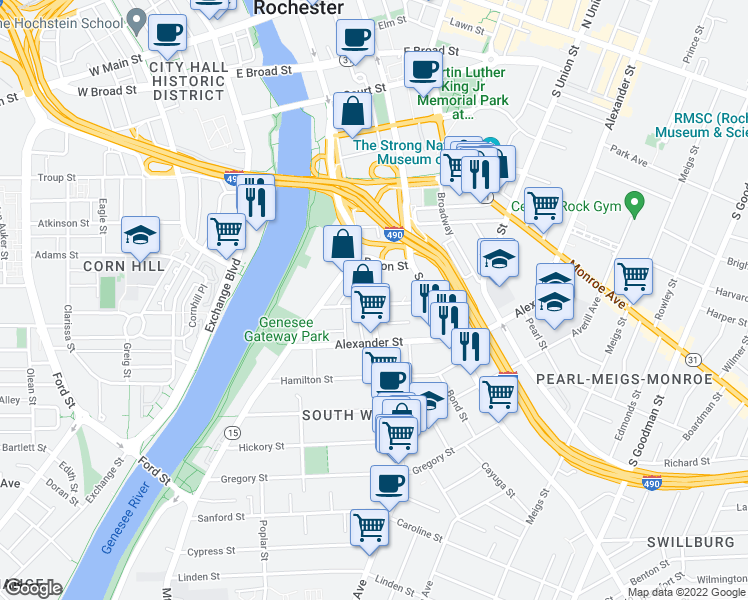 map of restaurants, bars, coffee shops, grocery stores, and more near 436 South Avenue in Rochester