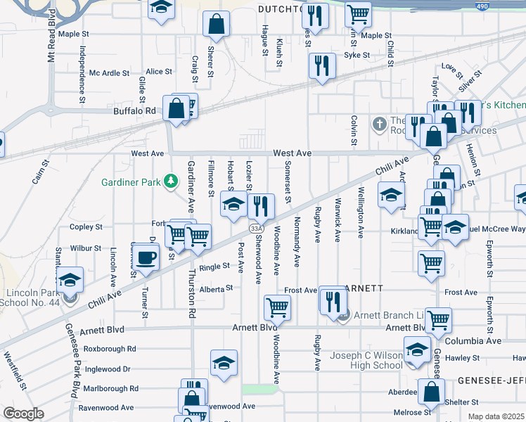 map of restaurants, bars, coffee shops, grocery stores, and more near 350 Chili Avenue in Rochester