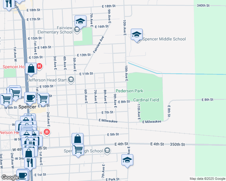map of restaurants, bars, coffee shops, grocery stores, and more near 821 East 9th Street in Spencer