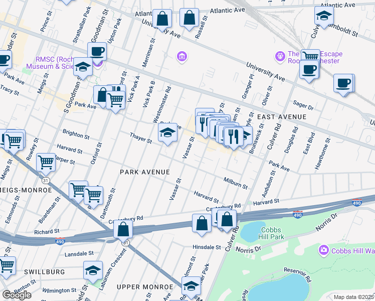 map of restaurants, bars, coffee shops, grocery stores, and more near 53 Vassar St in Rochester