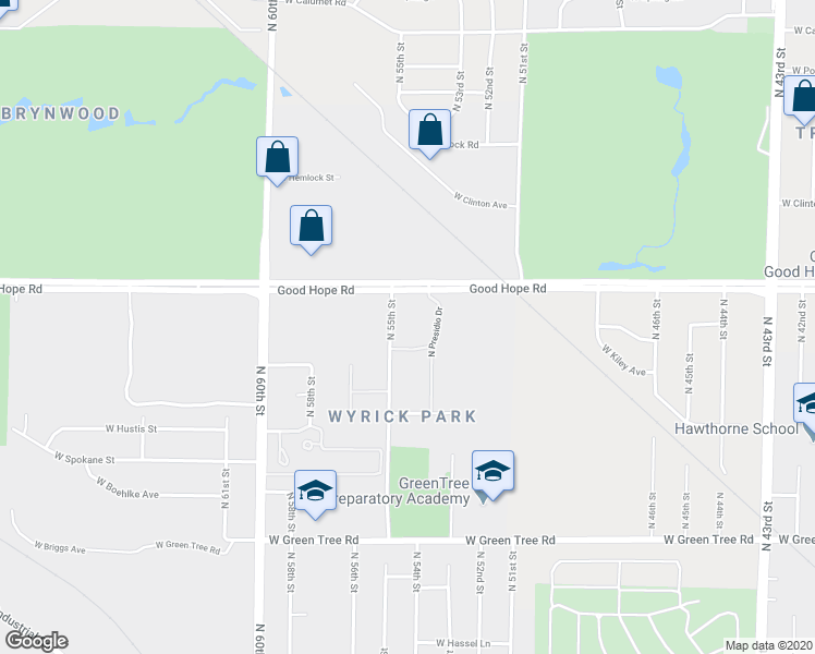 map of restaurants, bars, coffee shops, grocery stores, and more near 7134 North 55th Street in Milwaukee
