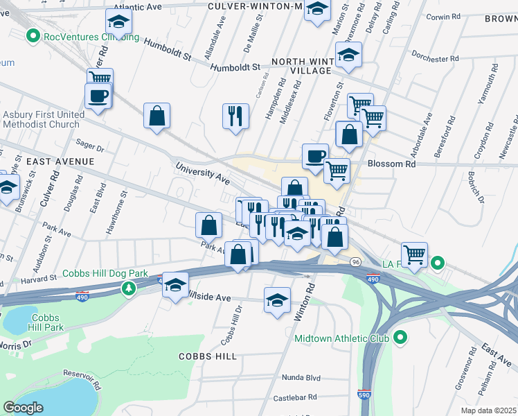 map of restaurants, bars, coffee shops, grocery stores, and more near 1645 University Ave in Rochester