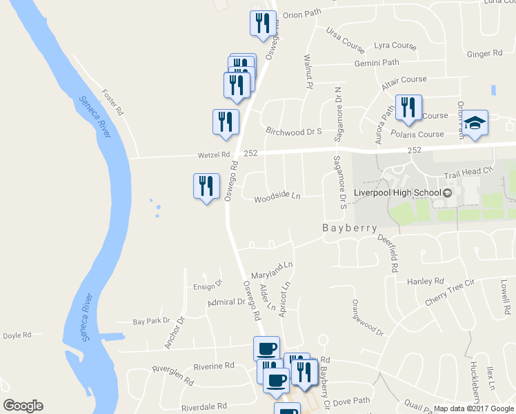 map of restaurants, bars, coffee shops, grocery stores, and more near 114 Woodside Lane in Liverpool