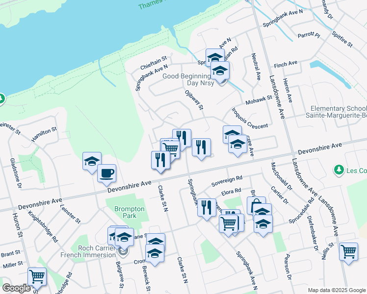 map of restaurants, bars, coffee shops, grocery stores, and more near 397 Springbank Avenue in Woodstock