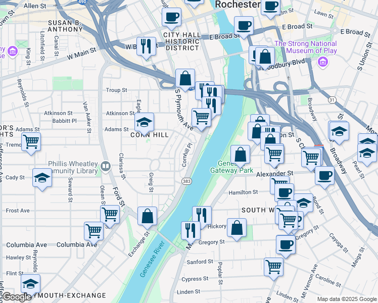 map of restaurants, bars, coffee shops, grocery stores, and more near 86 Cornhill Place in Rochester