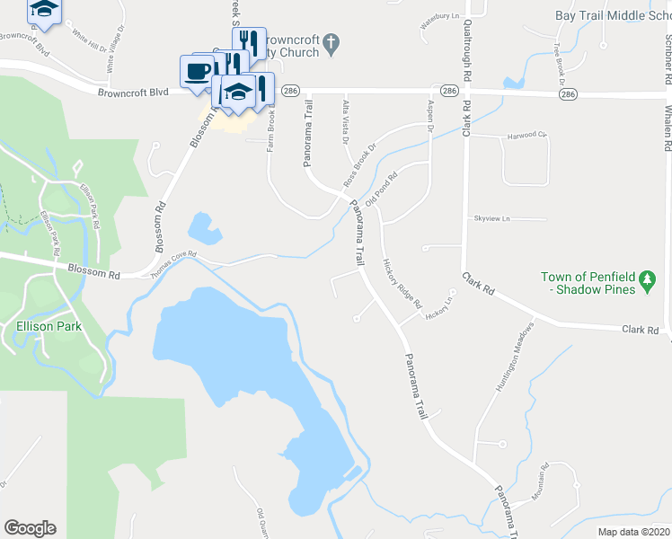 map of restaurants, bars, coffee shops, grocery stores, and more near 15 Canyon Trail in Rochester