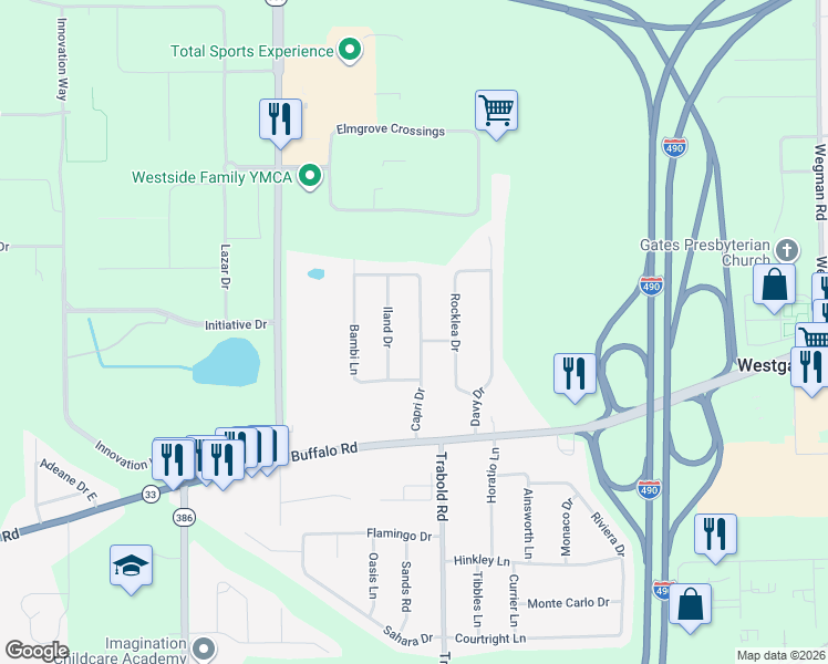 map of restaurants, bars, coffee shops, grocery stores, and more near 27 Capri Drive in Rochester
