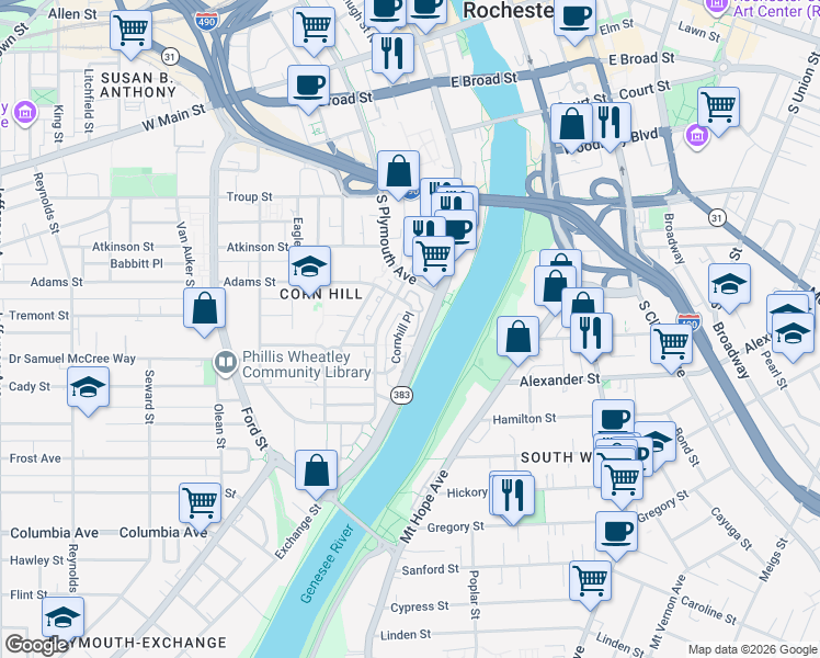 map of restaurants, bars, coffee shops, grocery stores, and more near 90 Cornhill Place in Rochester