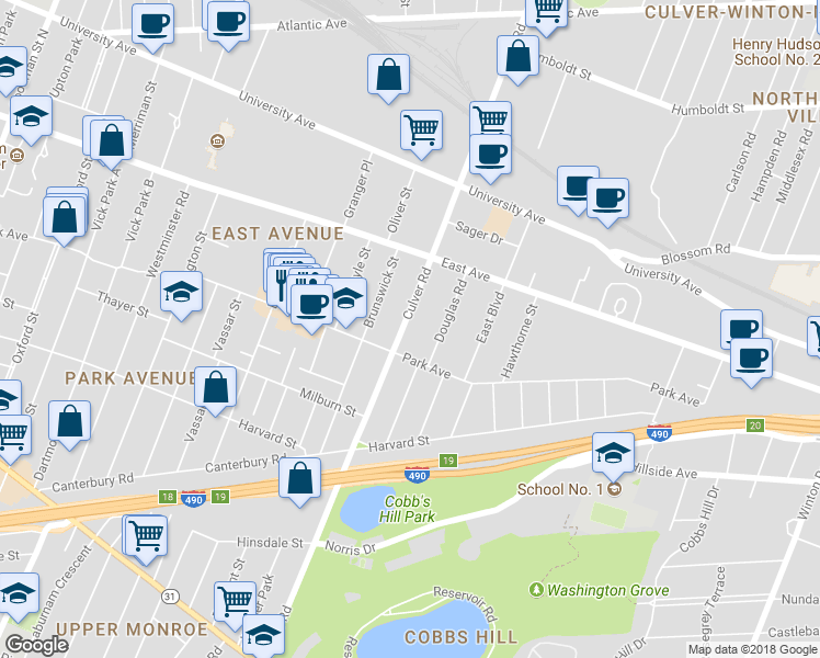 map of restaurants, bars, coffee shops, grocery stores, and more near 250 Culver Road in Rochester