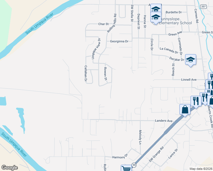 map of restaurants, bars, coffee shops, grocery stores, and more near 153 Quincy Avenue in Roseburg