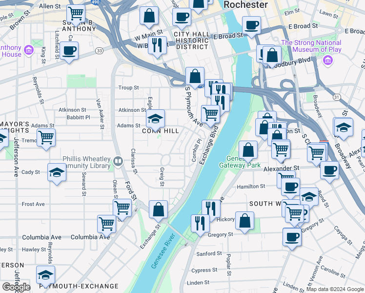 map of restaurants, bars, coffee shops, grocery stores, and more near 235 South Fitzhugh Street in Rochester
