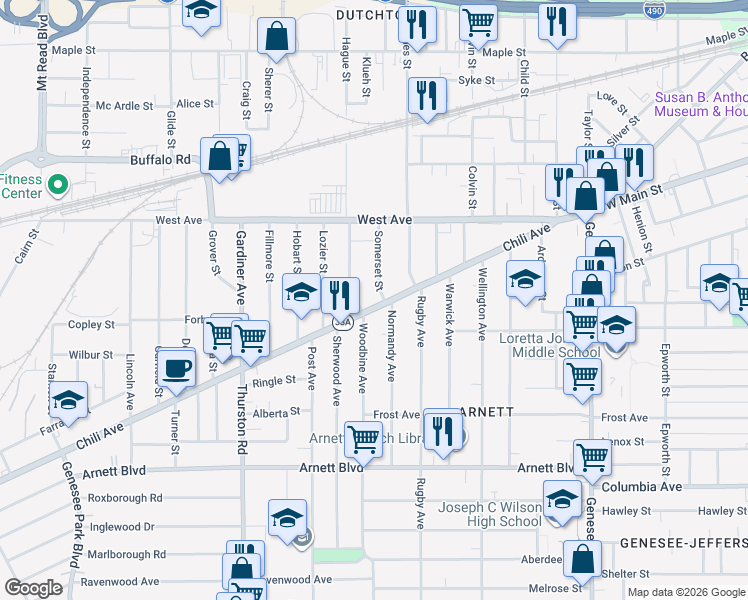 map of restaurants, bars, coffee shops, grocery stores, and more near 350 Chili Avenue in Rochester