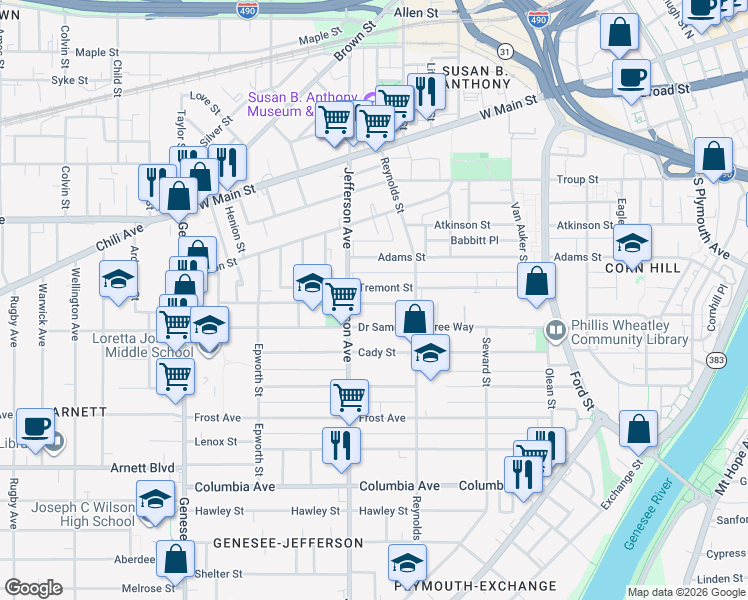 map of restaurants, bars, coffee shops, grocery stores, and more near 58 Jefferson Terrace in Rochester