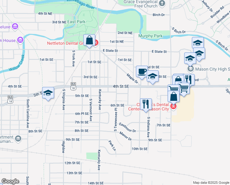 map of restaurants, bars, coffee shops, grocery stores, and more near 417 South Tennessee Place in Mason City