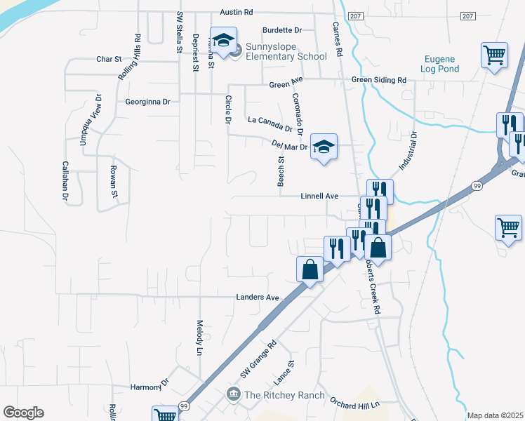map of restaurants, bars, coffee shops, grocery stores, and more near 421 Southwest Chandler Drive in Roseburg