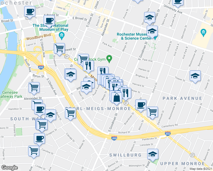map of restaurants, bars, coffee shops, grocery stores, and more near 436 New York 31 in Rochester