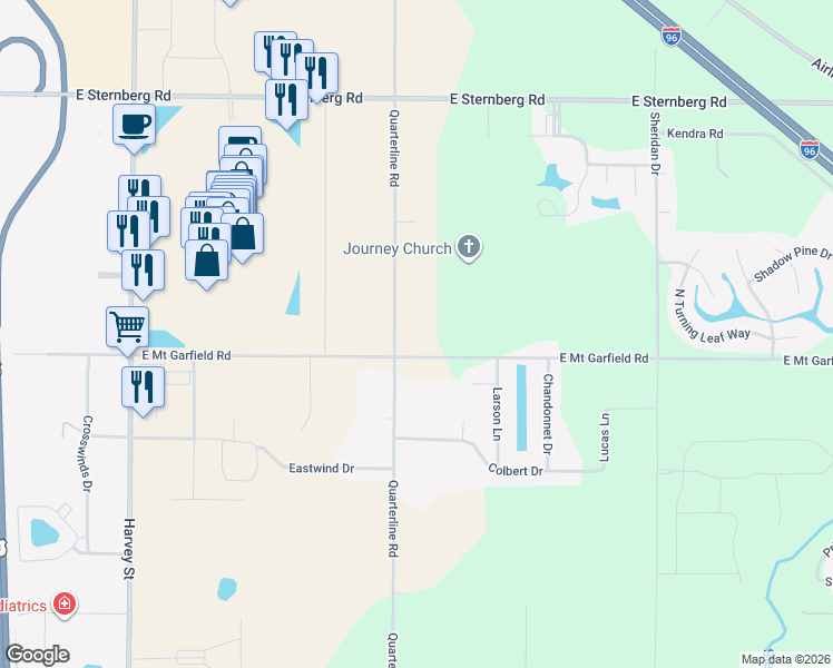 map of restaurants, bars, coffee shops, grocery stores, and more near 2034 East Mount Garfield Road in Muskegon