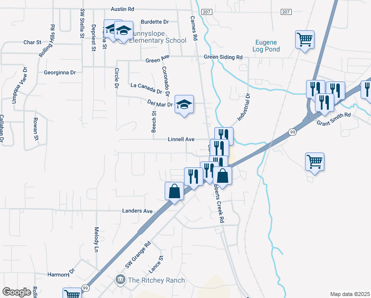 map of restaurants, bars, coffee shops, grocery stores, and more near 131 Ash Street in Roseburg
