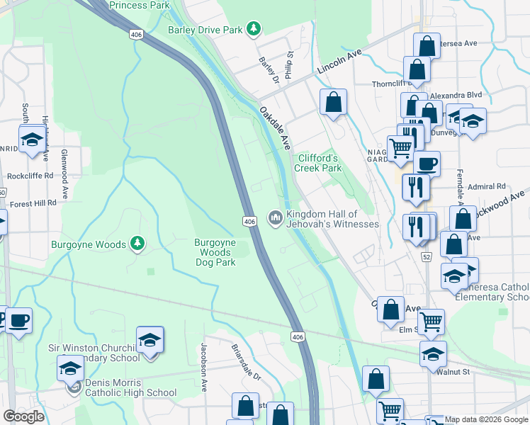 map of restaurants, bars, coffee shops, grocery stores, and more near 12 Disher Street West in St. Catharines