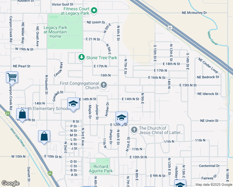 map of restaurants, bars, coffee shops, grocery stores, and more near 560 East 14th North Street in Mountain Home