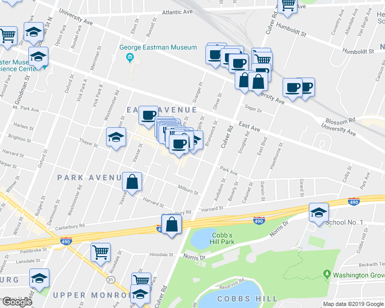 map of restaurants, bars, coffee shops, grocery stores, and more near 126 Argyle Street in Rochester