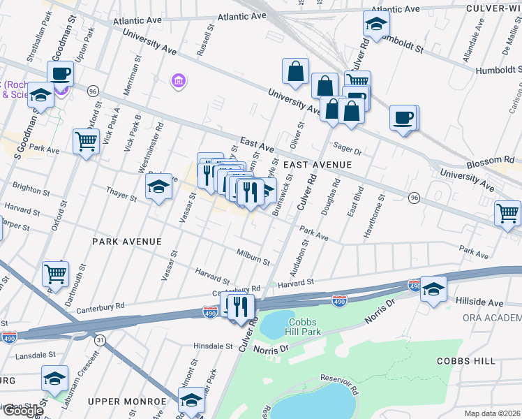 map of restaurants, bars, coffee shops, grocery stores, and more near 126 Argyle Street in Rochester