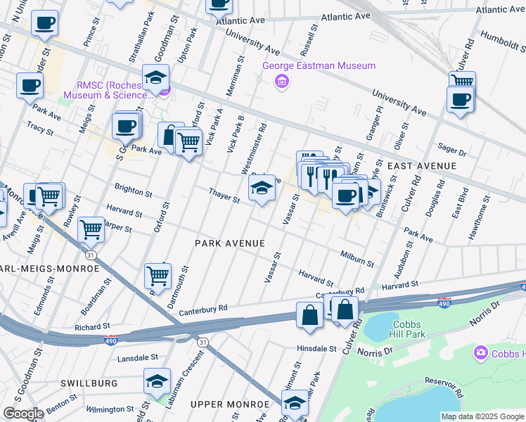 map of restaurants, bars, coffee shops, grocery stores, and more near 170 Barrington Street in Rochester