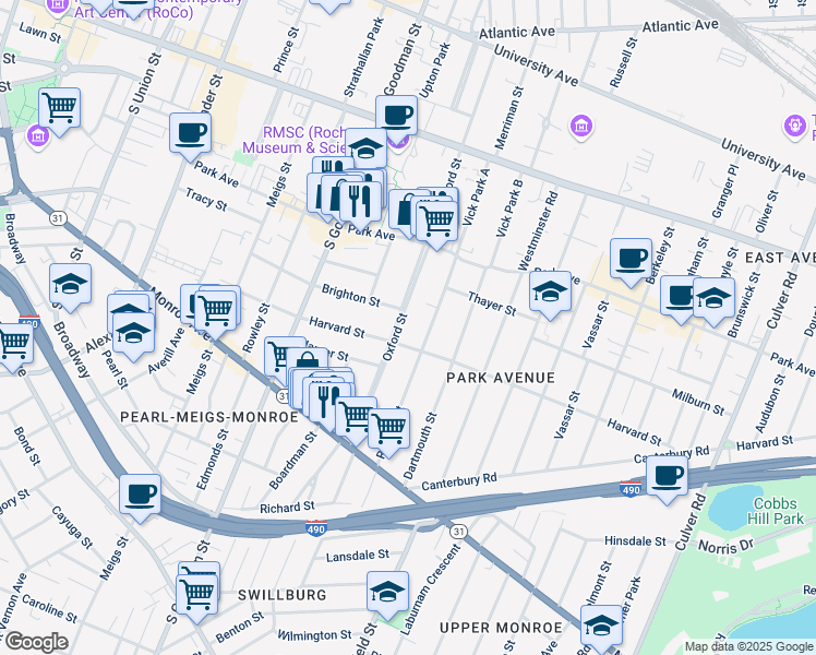 map of restaurants, bars, coffee shops, grocery stores, and more near 400 Oxford Street in Rochester