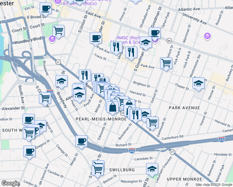 map of restaurants, bars, coffee shops, grocery stores, and more near 55 Rowley Street in Rochester