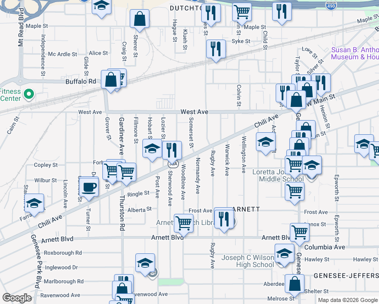 map of restaurants, bars, coffee shops, grocery stores, and more near 350 Chili Avenue in Rochester