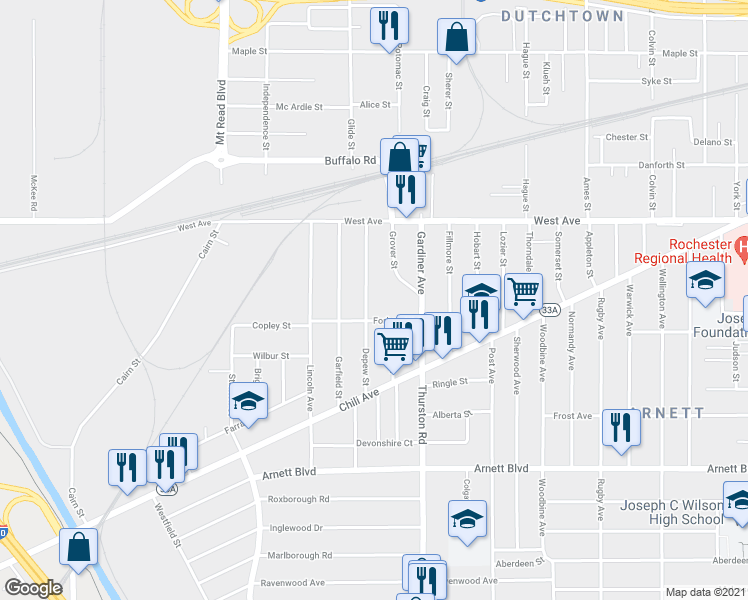 map of restaurants, bars, coffee shops, grocery stores, and more near 113 Depew Street in Rochester