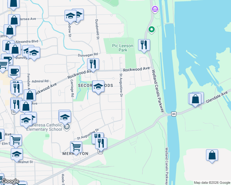 map of restaurants, bars, coffee shops, grocery stores, and more near 21 Stonegate Drive in St. Catharines