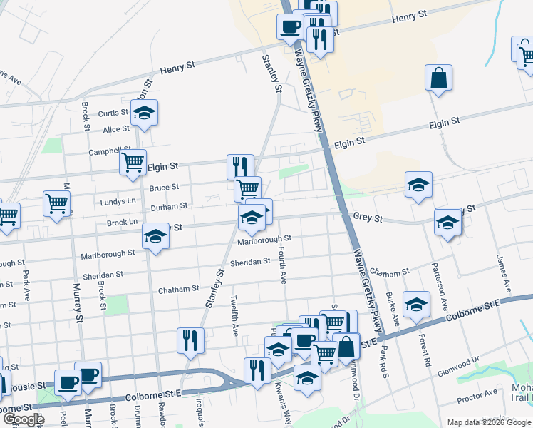 map of restaurants, bars, coffee shops, grocery stores, and more near in Brantford