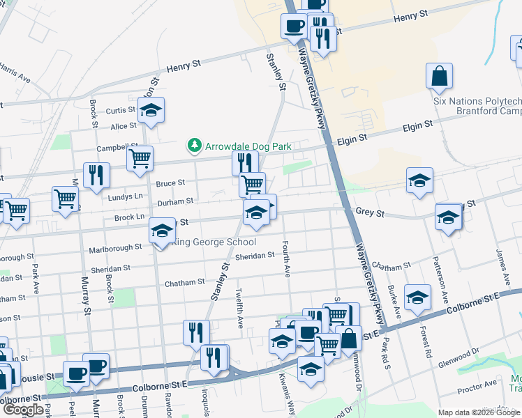 map of restaurants, bars, coffee shops, grocery stores, and more near 125 A Stanley Street in Brantford