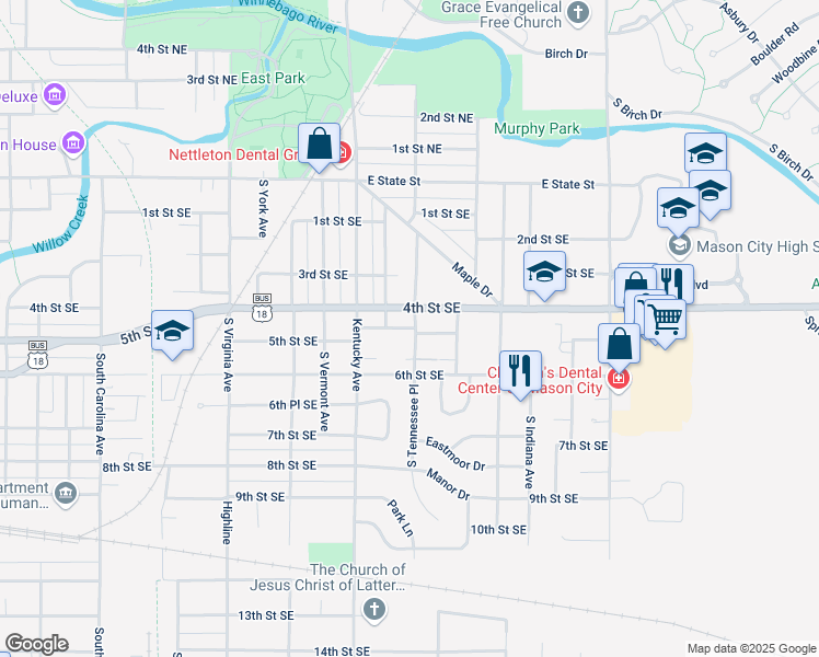 map of restaurants, bars, coffee shops, grocery stores, and more near 417 South Tennessee Place in Mason City