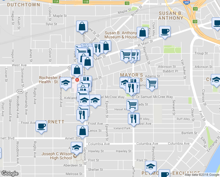map of restaurants, bars, coffee shops, grocery stores, and more near 220 Jefferson Terrace in Rochester