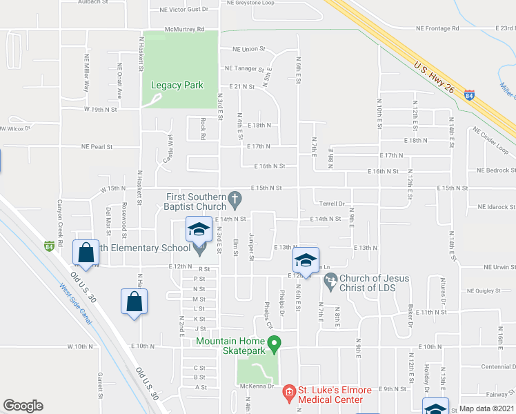 map of restaurants, bars, coffee shops, grocery stores, and more near 520 East 14th North Street in Mountain Home