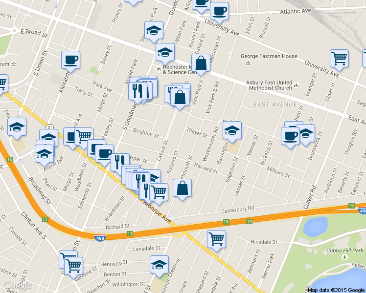 map of restaurants, bars, coffee shops, grocery stores, and more near 96 Rutgers Street in Rochester