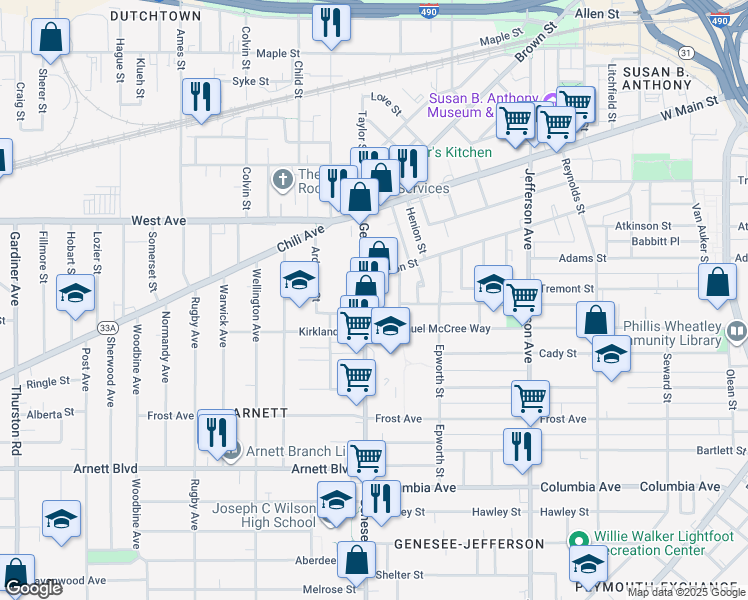 map of restaurants, bars, coffee shops, grocery stores, and more near 138 Genesee Street in Rochester