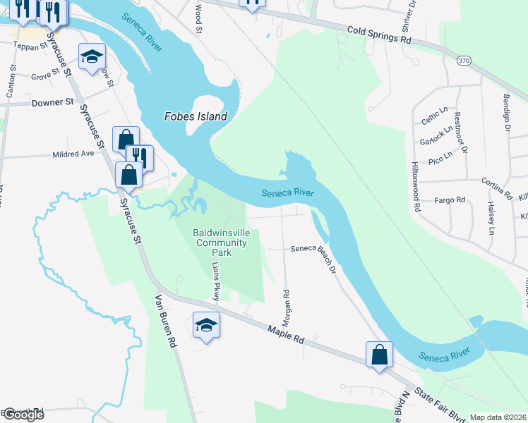 map of restaurants, bars, coffee shops, grocery stores, and more near 208 Seneca Ave in Baldwinsville