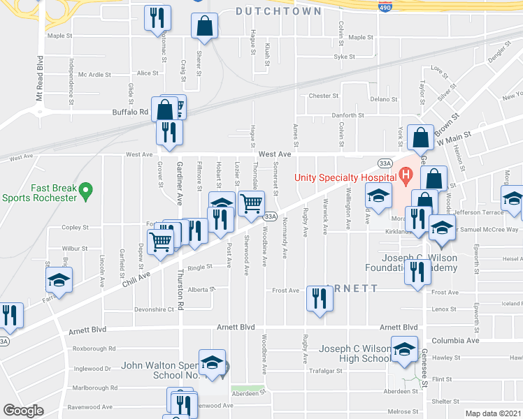 map of restaurants, bars, coffee shops, grocery stores, and more near 350 Chili Avenue in Rochester