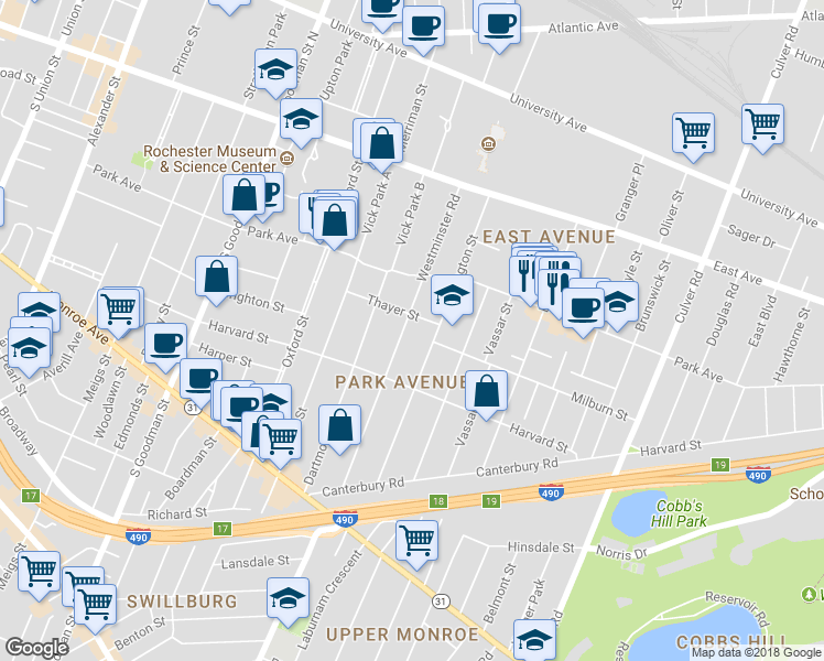 map of restaurants, bars, coffee shops, grocery stores, and more near 202 Westminster Road in Rochester
