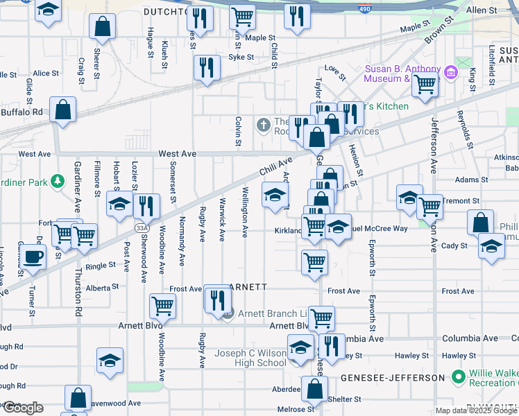 map of restaurants, bars, coffee shops, grocery stores, and more near 79 Kenwood Avenue in Rochester