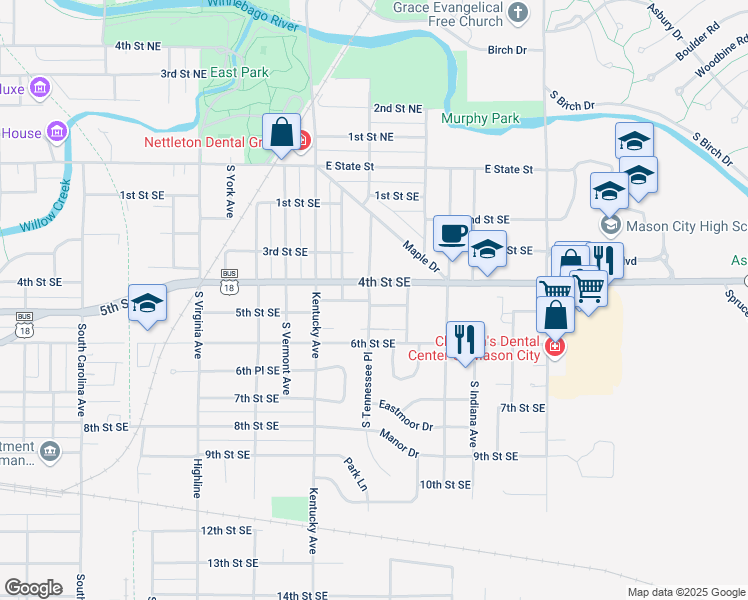 map of restaurants, bars, coffee shops, grocery stores, and more near 417 South Tennessee Place in Mason City