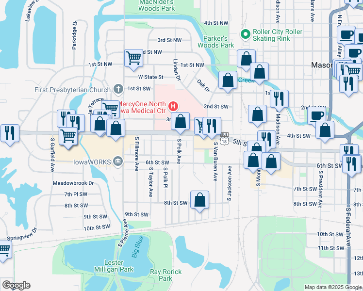map of restaurants, bars, coffee shops, grocery stores, and more near 423 South Polk Avenue in Mason City
