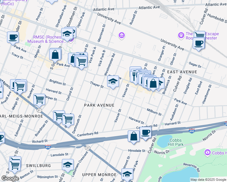map of restaurants, bars, coffee shops, grocery stores, and more near 170 Barrington Street in Rochester